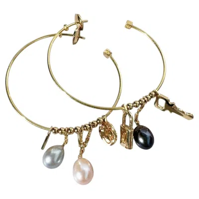 Pre-owned Louis Vuitton Valentine's Limited 18k Gold Asymmetric Charm Pearl Hoop Earrings In Multi