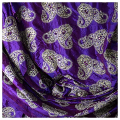 Pre-owned Louis Vuitton Versace Inspired Violet Paisley Ari Metallic Embroidery Jeweled Rhinstone Silk In Purple
