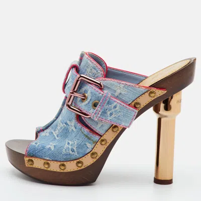 Pre-owned Louis Vuitton Vintage Size 39 Blue Monogram Denim Platform Clogs