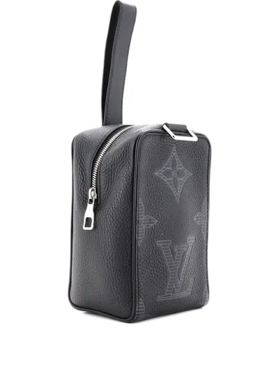 Pre-owned Louis Vuitton Wash Pouch Monogram Shadow Giant Taurillon Leather Clutch Bag In Black