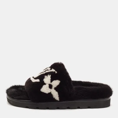 Pre-owned Louis Vuitton Waterfront Size 39 Black Monogram Mink Fur Flat Slide Sandals