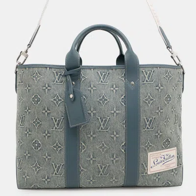 Pre-owned Louis Vuitton Weekend Tote Blue Monogram Washed Denim Bag Nm