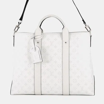 Pre-owned Louis Vuitton Weekend Tote Nm Blanc Monogram Taiga Leather In White