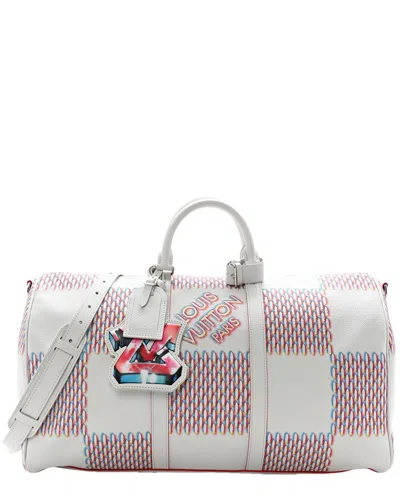Pre-owned Louis Vuitton White Cowhide Damier Spray Coated Canvas Keepall Bandouliere 50b  (authentic Pre-loved