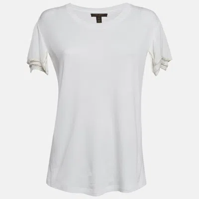 Pre-owned Louis Vuitton White Crepe Sleeve Trim Jersey T-shirt L