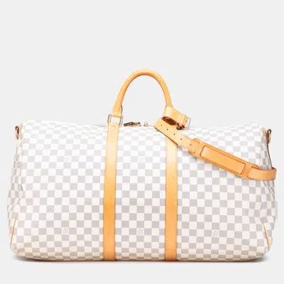 Pre-owned Louis Vuitton White Damier Azur Keepall Bandouliere 55