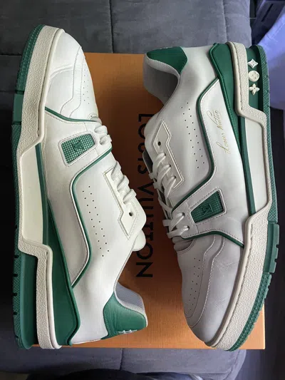 Pre-owned Louis Vuitton White Green Signature Trainer Sneaker