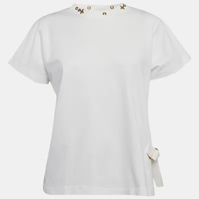 Pre-owned Louis Vuitton White Jersey Metal Logo Embellished Neck T-shirt M