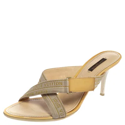 Pre-owned Louis Vuitton White Leather And Canvas Logo Strappy Mule Sandals Size 39.5