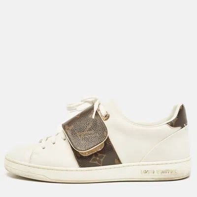 Pre-owned Louis Vuitton White Leather And Monogram Canvas Frontrow Sneakers Size 37