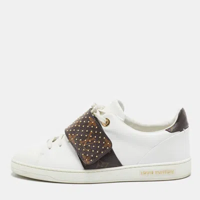 Pre-owned Louis Vuitton White Leather And Monogram Canvas Frontrow Sneakers Size 39