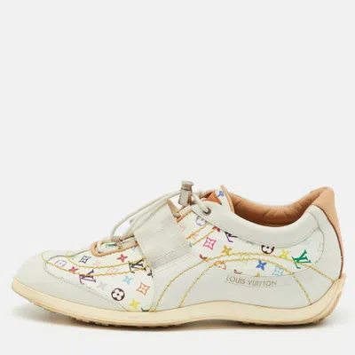 Pre-owned Louis Vuitton White Leather And Multicolor Monogram Canvas Lace Up Sneakers Size 38.5