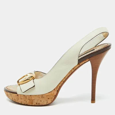 Pre-owned Louis Vuitton White Leather Buckle Cork Platform Slingback Sandals Size 40