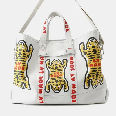 Pre-owned Louis Vuitton White Leather Lv Made Nigo Collaboration Trolley Tote Bag