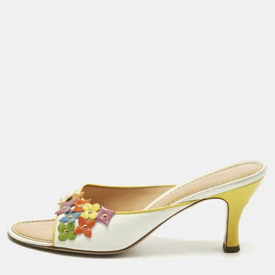 Pre-owned Louis Vuitton White Patent Leather Multicolor Flower Embellished Slide Sandals Size 37.5