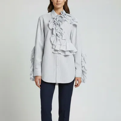 Pre-owned Louis Vuitton White Pin Striped Cotton Ruffled Shirt S