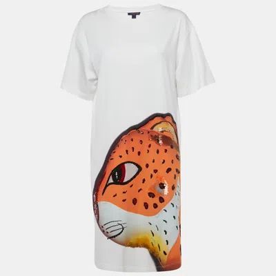 Pre-owned Louis Vuitton White Sequins Leopard Print Jersey T-shirt Dress L