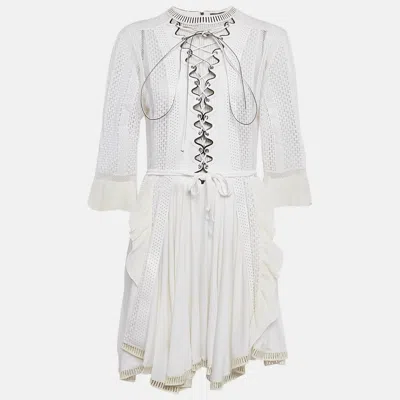 Pre-owned Louis Vuitton White Silk & Leather Trim Perforated Mini Dress M