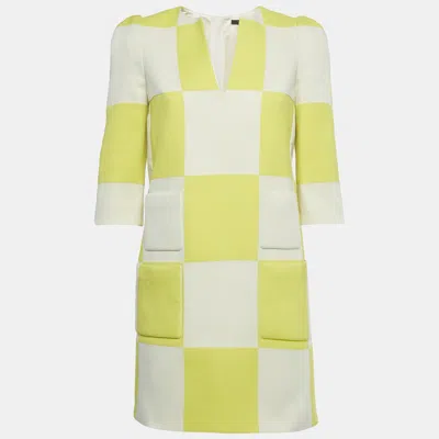 Pre-owned Louis Vuitton White /yellow Checkered Print Crepe Shift Mini Dress S