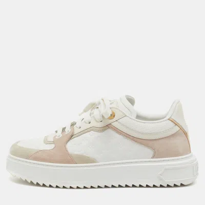 Pre-owned Louis Vuitton White/beige Monogram Embossed Leather And Suede Time Out Sneakers Size 38