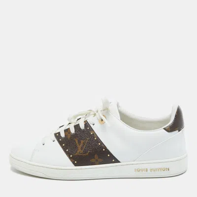 Pre-owned Louis Vuitton White/brown Leather And Monogram Canvas Frontrow Sneakers Size 38.5