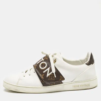 Pre-owned Louis Vuitton White/brown Leather And Monogram Canvas Logo Strap Frontrow Trainers Size 40