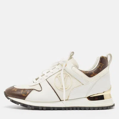 Pre-owned Louis Vuitton White/brown Leather And Monogram Canvas Run Away Low Top Trainers Size 37