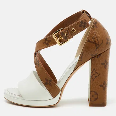 Pre-owned Louis Vuitton White/brown Leather And Reverse Monogram Canvas Matchmake Sandals Size 36