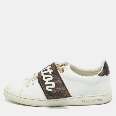 Pre-owned Louis Vuitton White/brown Monogram Canvas And Leather Frontrow Lace Up Sneakers Size 38.5