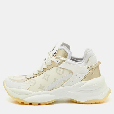 Pre-owned Louis Vuitton White/gold Canvas Rubber And Leather Run 55 Trainers Sneakers Size 37