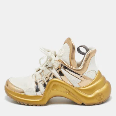 Pre-owned Louis Vuitton White/gold Leather And Mesh Lv Archlight Sneakers Size 40