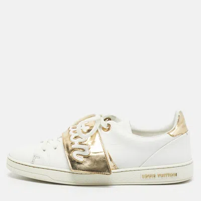 Pre-owned Louis Vuitton White/gold Leather Frontrow Lace Up Sneakers Size 37.5