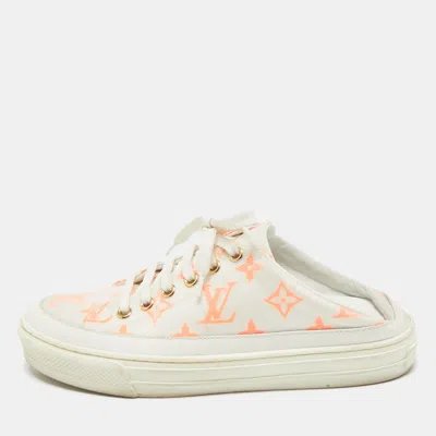 Pre-owned Louis Vuitton White/orange Mesh And Leather Stellar Sneaker Mules Size 36.5