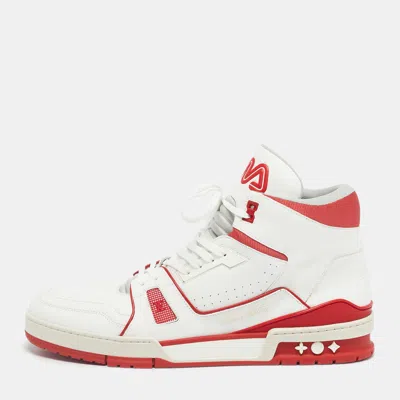 Pre-owned Louis Vuitton White/red Leather Lv Trainer Mid Sneakers Size 44