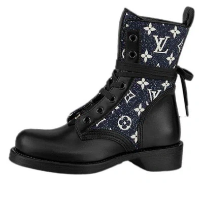 Pre-owned Louis Vuitton (wmns)  Lv Metropolis Flat Ranger Boots 'black With Denim Monogram'