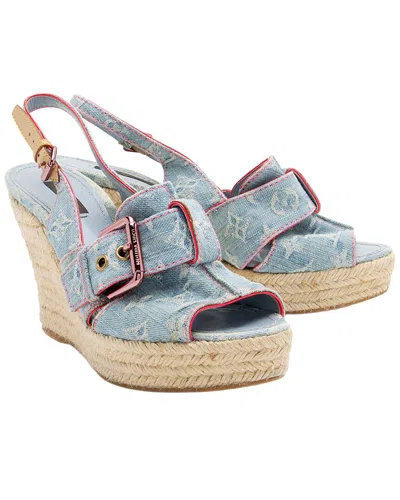 Pre-owned Louis Vuitton Women's Denim, Leather, Tweed Logo Denim Wedge Pump (authentic  Pre-loved)