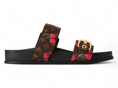 Pre-owned Louis Vuitton Women's  Cherry Bom Dia Flat Comfort Mule X Takashi Murakami Brown Monogram Cherry Snea In Multi