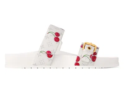Pre-owned Louis Vuitton Women's  Cherry Bom Dia Flat Comfort Mule X Takashi Murakami White Monogram Cherry Snea