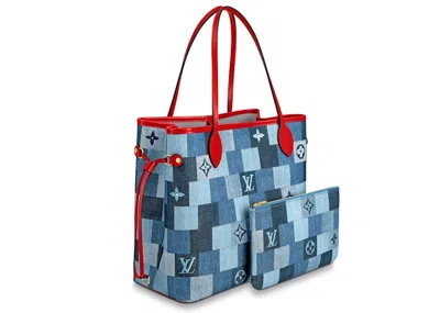 Pre-owned Louis Vuitton Women's  Neverfull Mm Denim Monogram Check In Blue/red In Multi