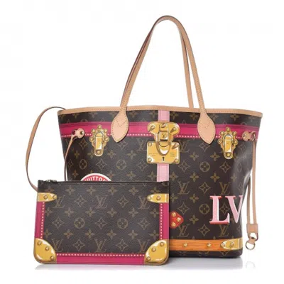 Pre-owned Louis Vuitton Women's  Neverfull Monogram Tromp L'oeil Screen Mm Pink/beige Lining In Brown
