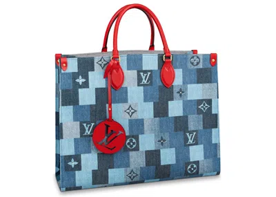 Pre-owned Louis Vuitton Women's  Onthego Gm Denim Monogram Check In Blue/red