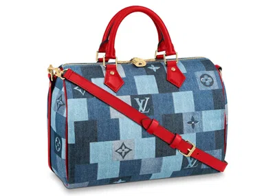 Pre-owned Louis Vuitton Women's  Speedy Bandouliere 30 Denim Monogram Check In Blue/red