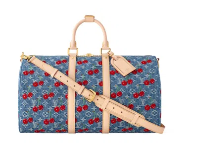 Pre-owned Louis Vuitton Women's  X Takashi Murakami Cherry Keepall Bandouliere 45 In Denim Monogram In Blue