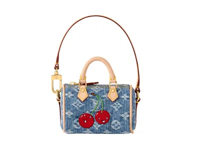 Pre-owned Louis Vuitton Women's  X Takashi Murakami Cherry Micro Speedy Denim Cerise Bag Charm In Denim Monogra
