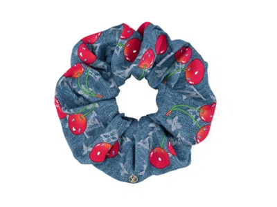 Pre-owned Louis Vuitton Women's  X Takashi Murakami Denim Cherry Scrunchy In Blue Denim