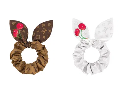 Pre-owned Louis Vuitton Women's  X Takashi Murakami Monogram Cherry Set Of Scrunchies In Brown/white In Multi