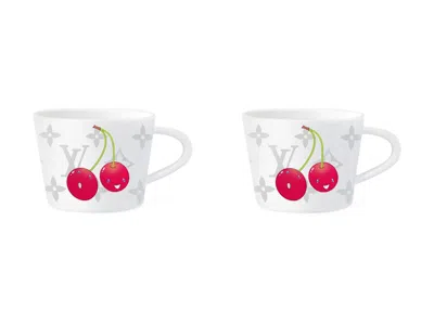 Pre-owned Louis Vuitton Women's  X Takashi Murakami Set Of 2 Cherry Coffee Cups And Saucers In White Monogram