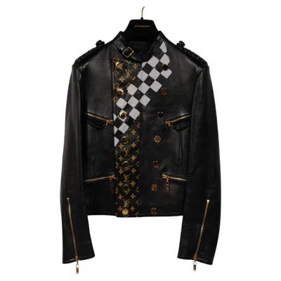 Pre-owned Louis Vuitton Womens Leather Jacket Size Fr 34 Black Gold Monogram Checkered