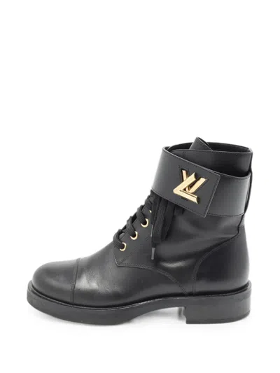 Pre-owned Louis Vuitton Wonderland Flat Ranger Combat Boots In Black