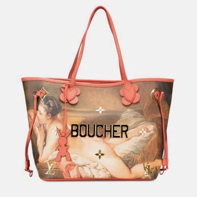 Pre-owned Louis Vuitton X Jeff Koons Neverfull Mm Tote Bag Brown And Pink Leather